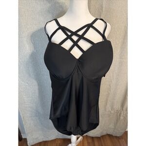 Paramour Swimsuit  Women's Plus Size 3X Black One Piece Built In Bra SPF 50 NWT